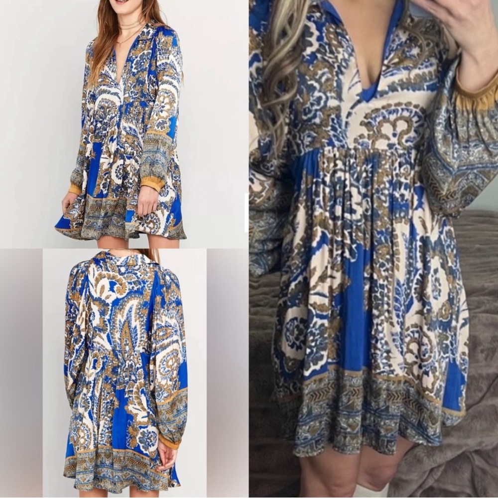 Free People Blue Gold Say You Love Me Dress tunic long sleeve